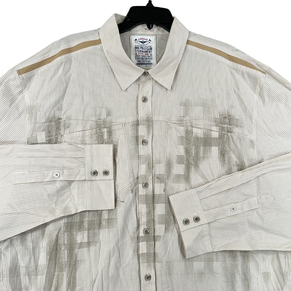 Marithe Francois Girbaud Button Down Shirt Mens 3XL Khaki Striped Graphic Casual